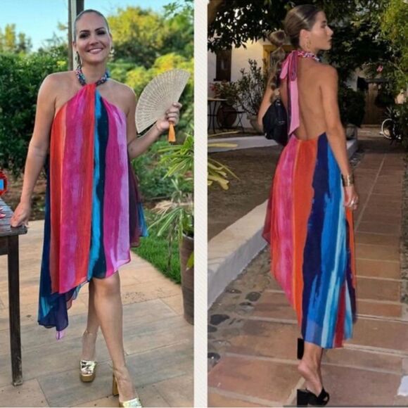 Zara Tie Dye Midi Dress Size M Beaded Rainbow Multicolor Halter Neck Chiffon - Picture 1 of 11